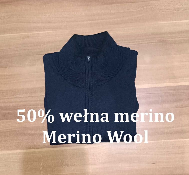 Sweter męski rozpinany z golfem z wełny z merynosa L granatowy