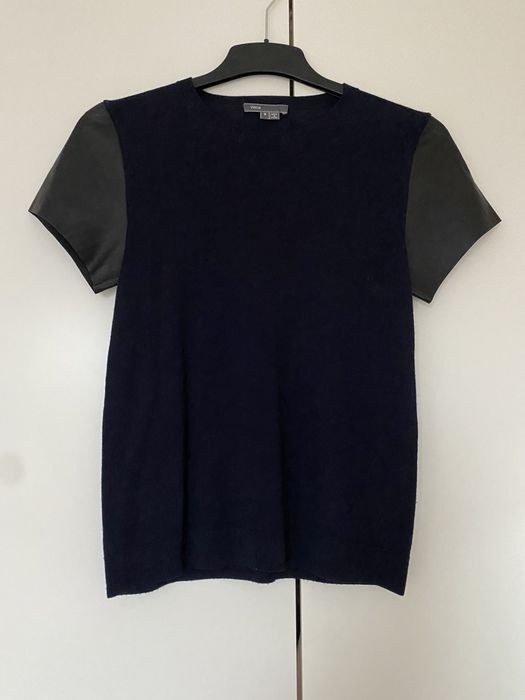 Sweterek bluzka top WEŁNA 100% ze skórzanymi rękawkami S Vince