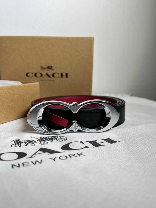 Ремень Coach Signature Buckle, 25 мм (серебро/черный/бордо)