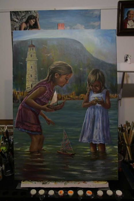 Duży obraz na płótnie „Wakacje nad morzem”. 96x66 cm.Ręcznie malowany.