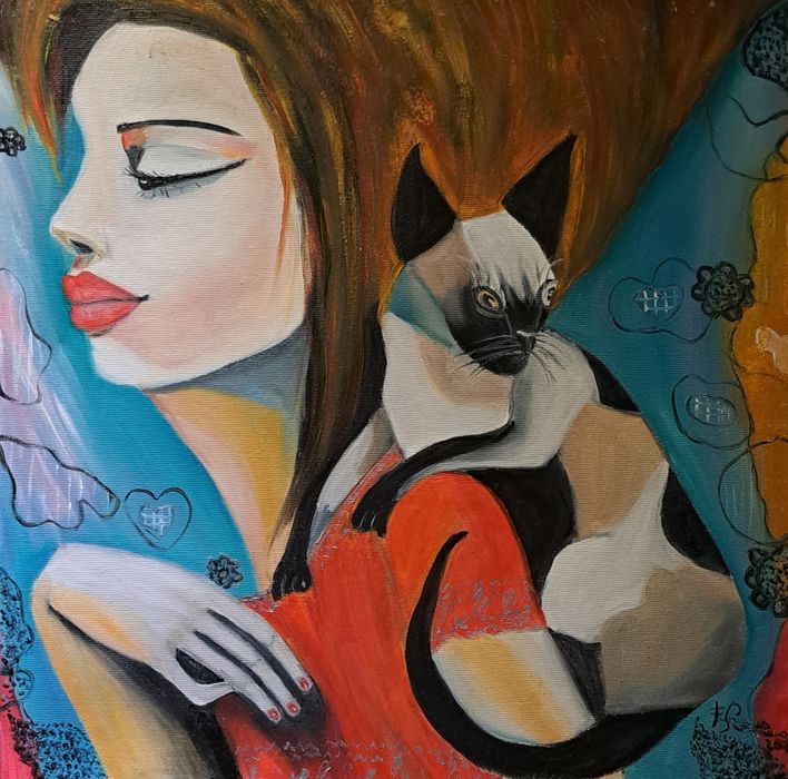 Pintura a óleo de Fernanda Romano. "A Sra. e o Gato"