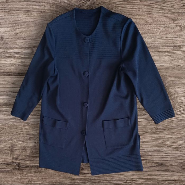 Swetr kardigan długi granatowy guzik rozpinany ZIP dekoltem okraglym