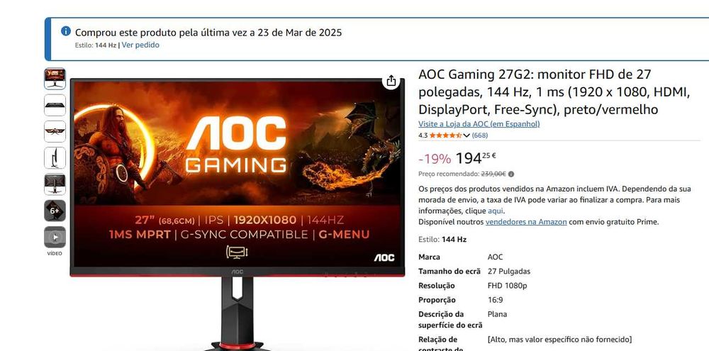 AOC Gaming 27G2: monitor FHD 27 polegadas, 144 Hz, 1 ms