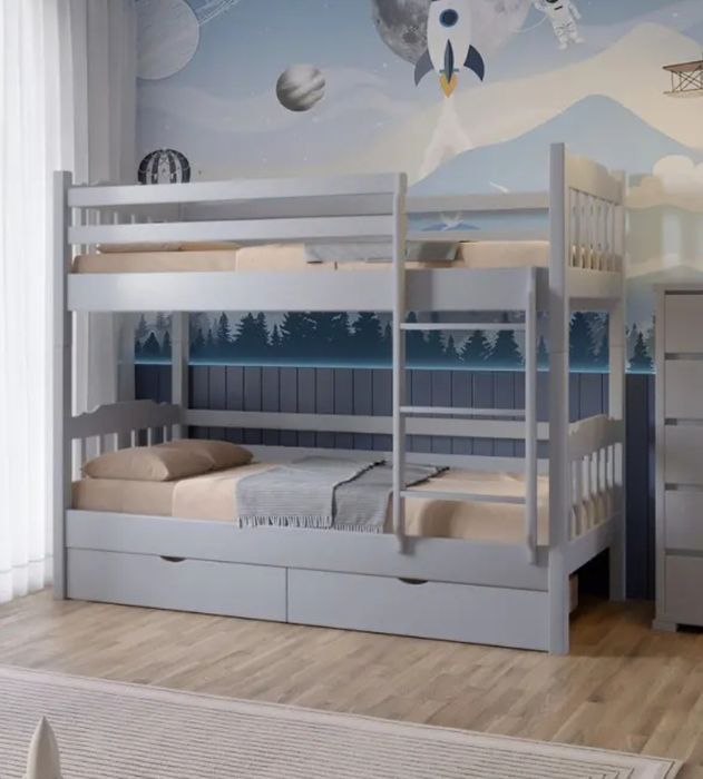 Двоповерхове ліжко сіре дерев'яне із матрацами і великими шухлядами 10