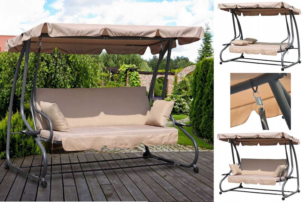 HUŚTAWKA OGRODOWA rozkładana 3-osobowa 2w1 do 300 kg - BEŻOWA