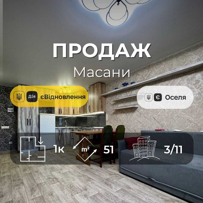 Р-н Масани. 1кімнатна з новим ремонтом, Іпотека 3%,Сертифікат(NN)