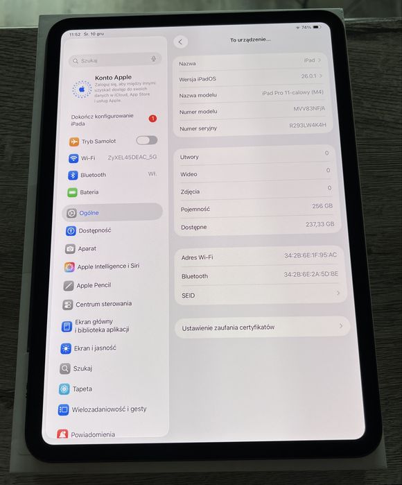 iPad Pro 11 5 Gen M4 256GB Wifi Spacegrey Gwarancja