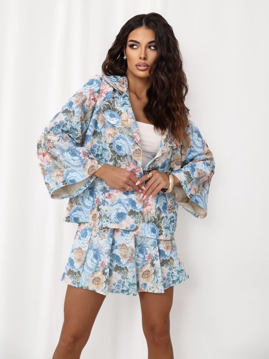 Jasnoniebieska Marynarka Damska Kwiaty Elegancka Rękaw 3/4 Żakiet Italy Moda