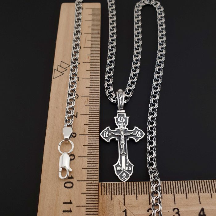 Чоловіча срібна цепочка з хрестиком з жорстким вушком ланцюжок Бісмарк
