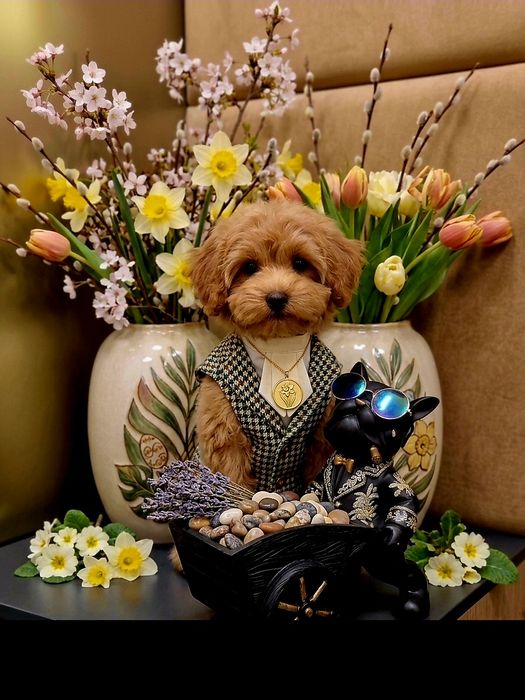 Maltipoo f2 ciemny piesio z legowiskiem i wyprawką
