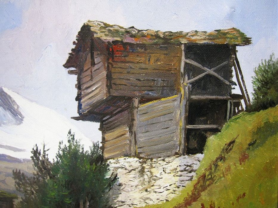 antiga pintura em óleo sobre tela - paisagem suíça - Matterhorn-