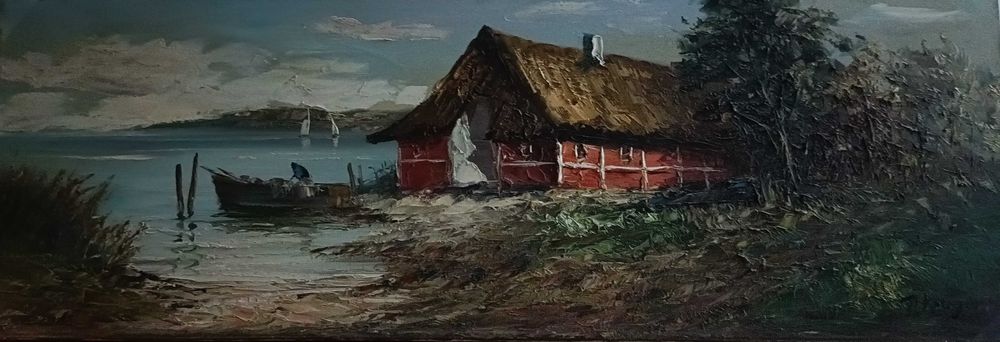 Obraz olejny na płótnie, pejzaż z łodzią