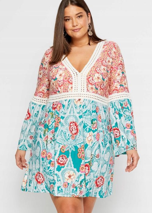 B.P.C sukienka kolorowa we wzory z koronową wstawką ^48/50