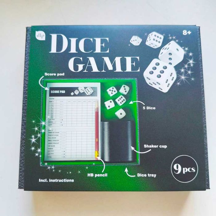 Jogo de dados com caixa bloco lápis HB copo e instruções Novo e selado