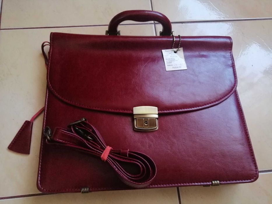 Nowa skórzana aktówka teczka dyplomatka bordowa A4