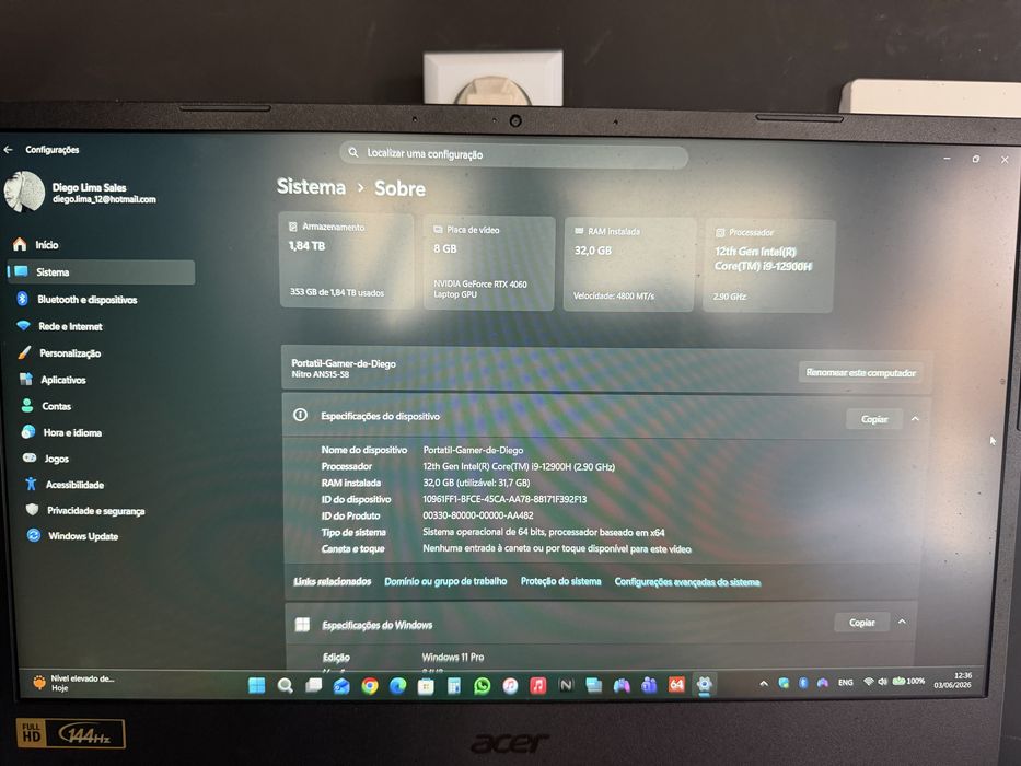 Portatil gamer Acer nitro 5 I9 RTX 4060 8g 32g ram