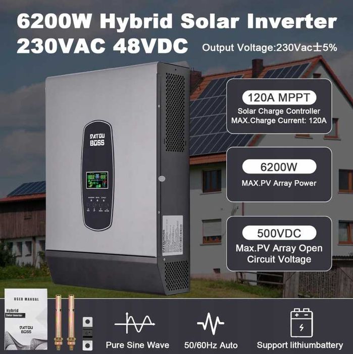 DATOUBOSS 6200W Hybrydowy Inwerter 48V Czysta Sinusoida, z MPPT 120A C1A9