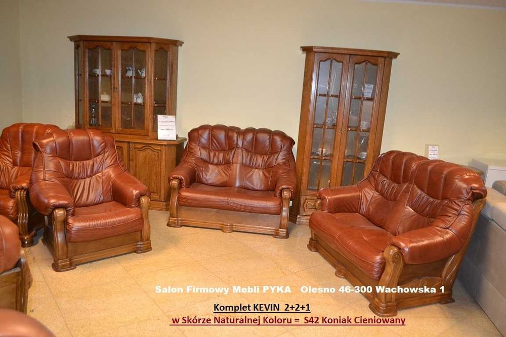 Nowy Komplet 3+2+1 KEVIN Stylowy, SKÓRA+ Dąb Rustikal = Meble Pyka