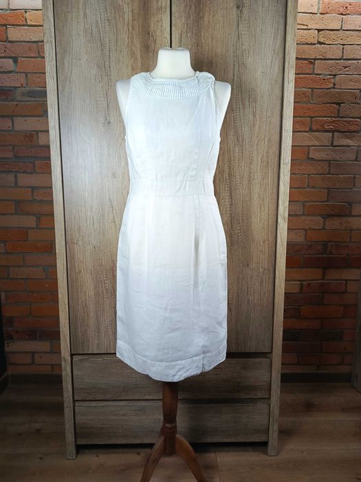 Basic lniana sukienka biała elegancka linen prosta klasyczna S 36