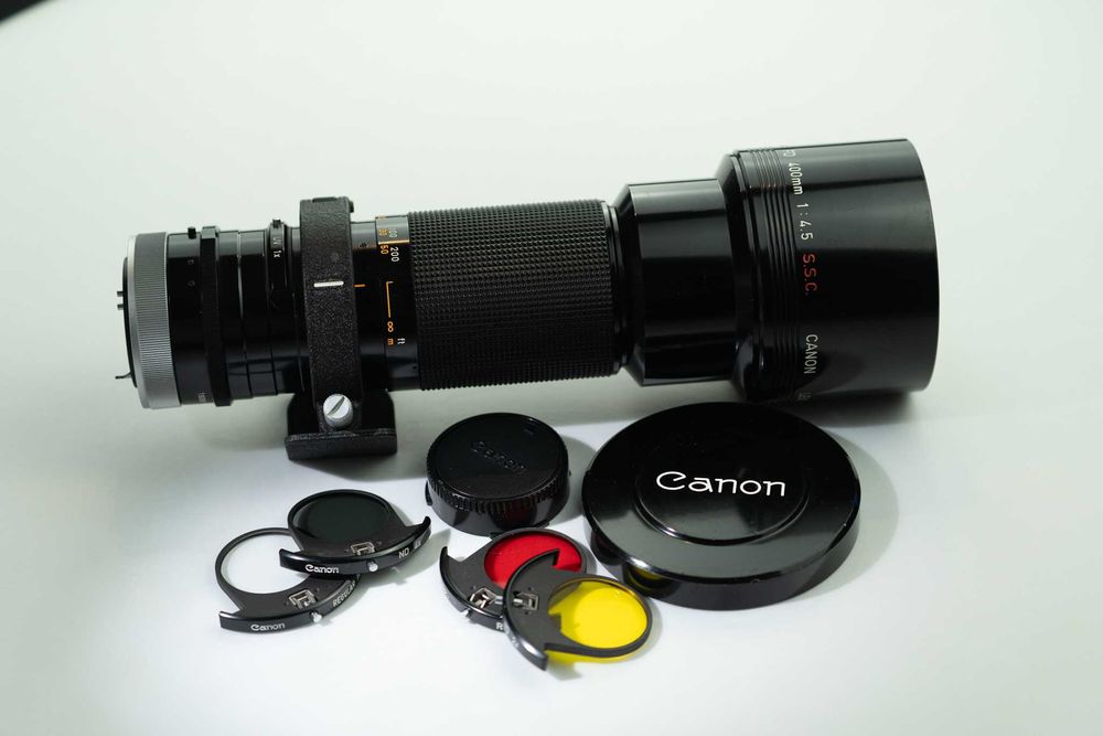 Lente Canon FD 400mm f/4.5 S.S.C. – Inclui Filtros e Suporte de Tripé