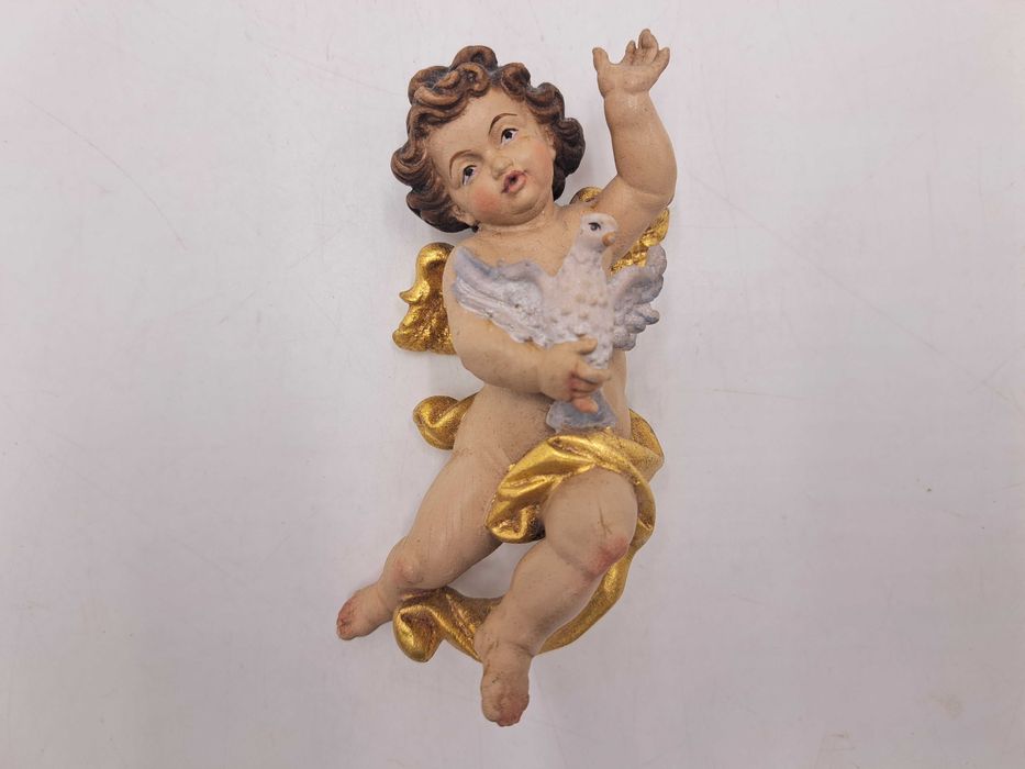 Stara rzeźba drewniana anioł ślubny z gołębicą, Lorenz Lechtal Tyrol Austria gołębiem, polichromia putto cherubin grający, figurka