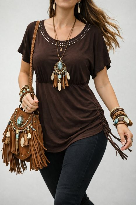 Túnica / Blusa comprida castanha – Manga morcego e franzidos com tachas Y2K - Tamanho XL