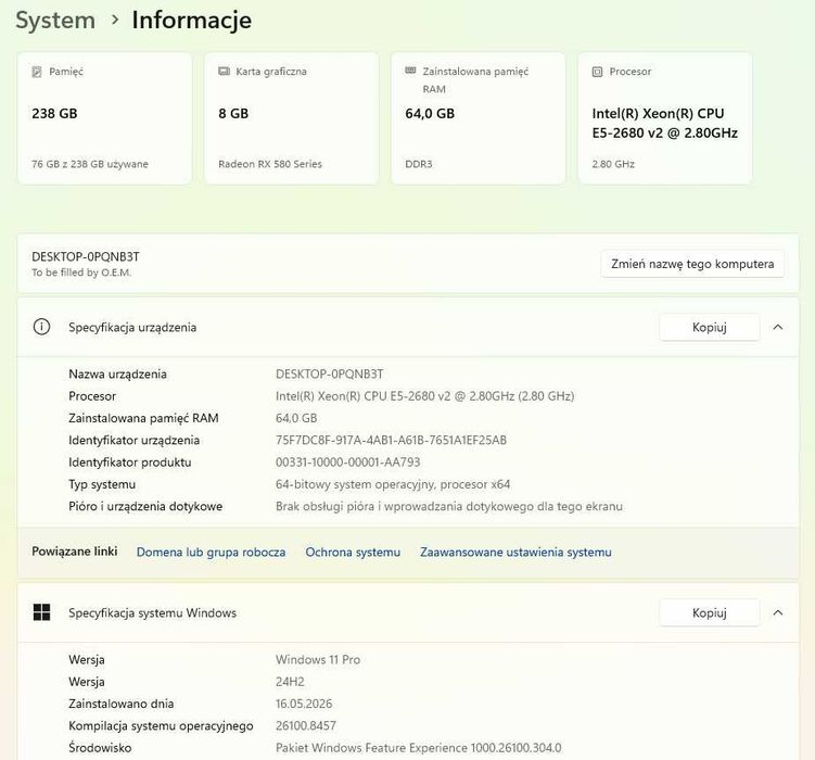 Komputer do gier nauki pracy Intel Xeon E5-2680 64GB RAM Grafika Radeon 8 GB Dysk M2 256GB