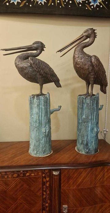 Escultura Fonte Par de Pelicanos em Bronze Patinado, Itália Século XX