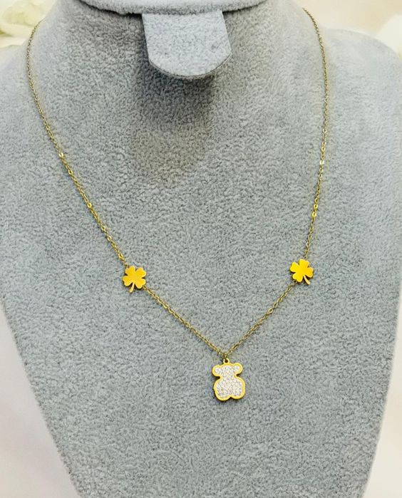 Złoty naszyjnik miś cyrkonie stal chirurgiczna nierdzewna