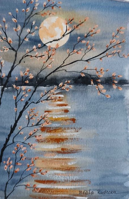 Oryginalna Akwarela „Księżycowa Ścieżka” | 14x21 cm | Styl Japoński