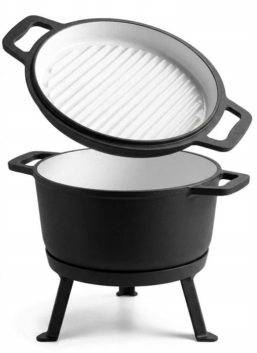 Kociołek Myśliwski Żeliwny Emaliowany 3w1 Garnek Patelnia Stojak 10l Grill