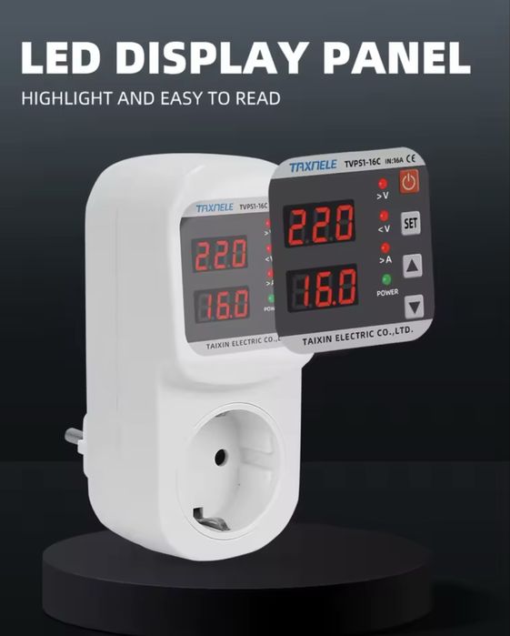 ‼️Реле напруги в розетку з дисплеєм Taxnele 220В 16А‼️