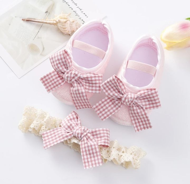 Buciki niechodki wiosenne + opaska kokarda zestaw 6-12m 11,5 cm święta