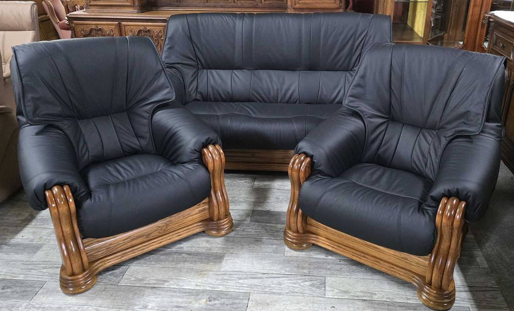 Skórzany Komplet Wypoczynkowy 3+1+1 / Nowa Skóra / Kanapa / Fotele /