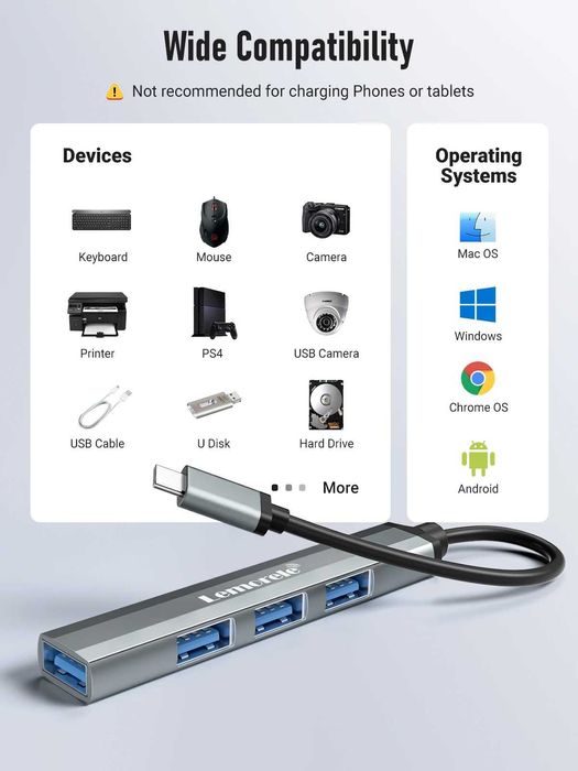 USB хаб Lemorele USB-A / USB-C - 4USB3.0 OTG 4Port 11cm / 22cm
