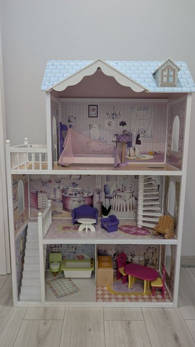 Drewniany domek dla lalek z mebelkami – duży, 3 piętra, jak KidKraft