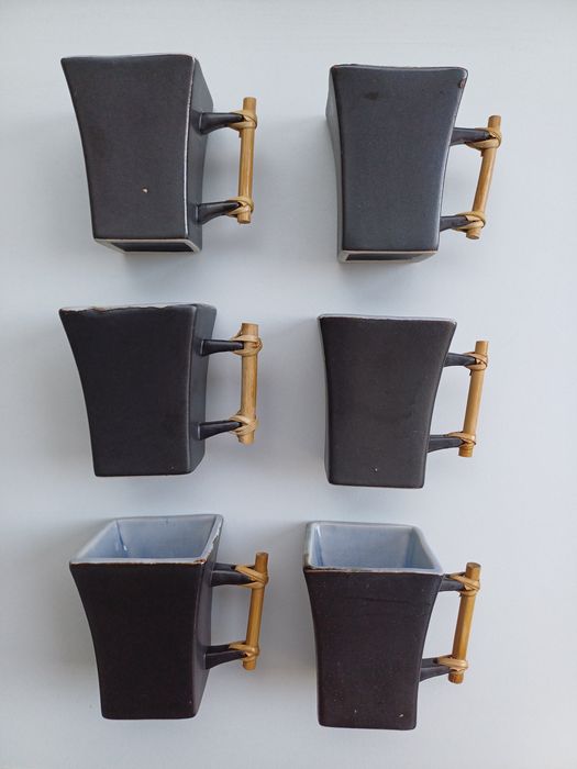 6 chávenas de café originais, de estilo asiático, preto e vidrado azul