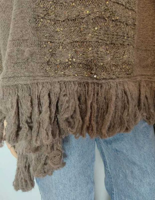 Sweter oversize ponczo brązowy brąz nowy frędzle narzuta ciepła