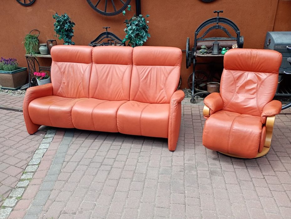 Komplet wypoczynkowy sofa z fotelem relax skóra naturalna