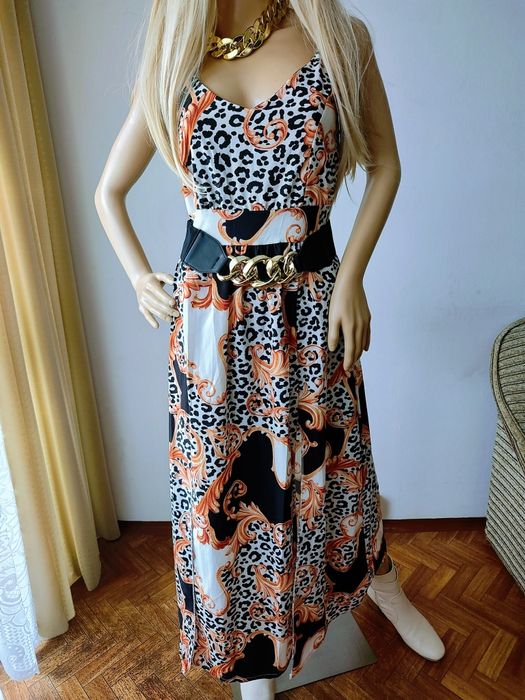 Sukienka maxi Made in Italy na ramiączkach boho panterka barok eleganc