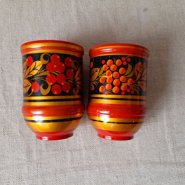 Дерев'яні бокали, ложка, ручний розпис Хохлома