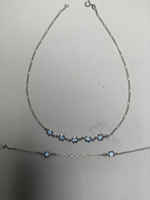 Срібний набір ланцюжокз блакитними камінчиками і браслет