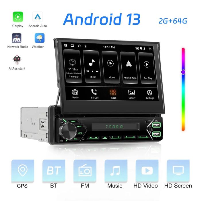 Rádio android 13 1din 7" 2/32GB retrátil GPS WiFi BT Carplay NOVO