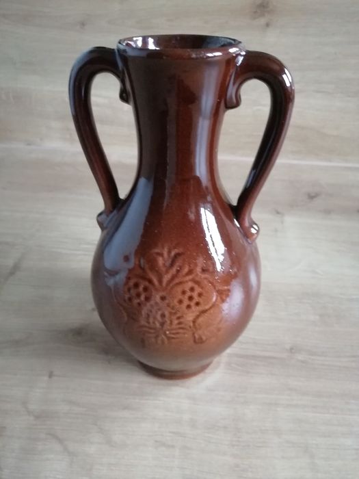 Wazon gliniany szkliwiony PRL flakon dzbanuszek brązowy wys 20cm