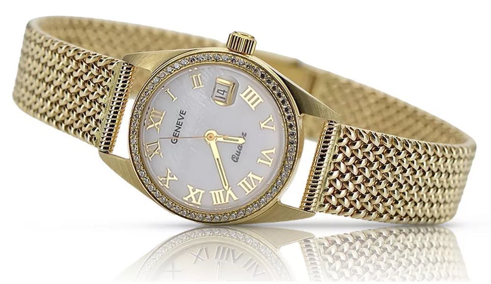 Złoty zegarek damski 14k Geneve z perłową tarczą lw078ydpr&lbw003y W