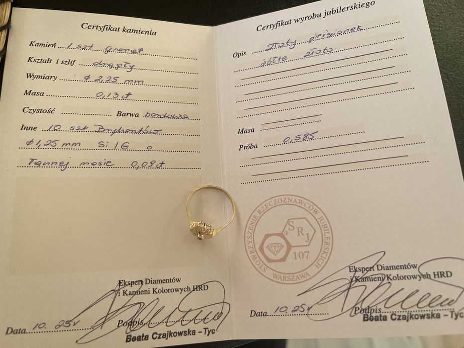 Pierścionek Złoty 585 Granat Naturalny Diamenty