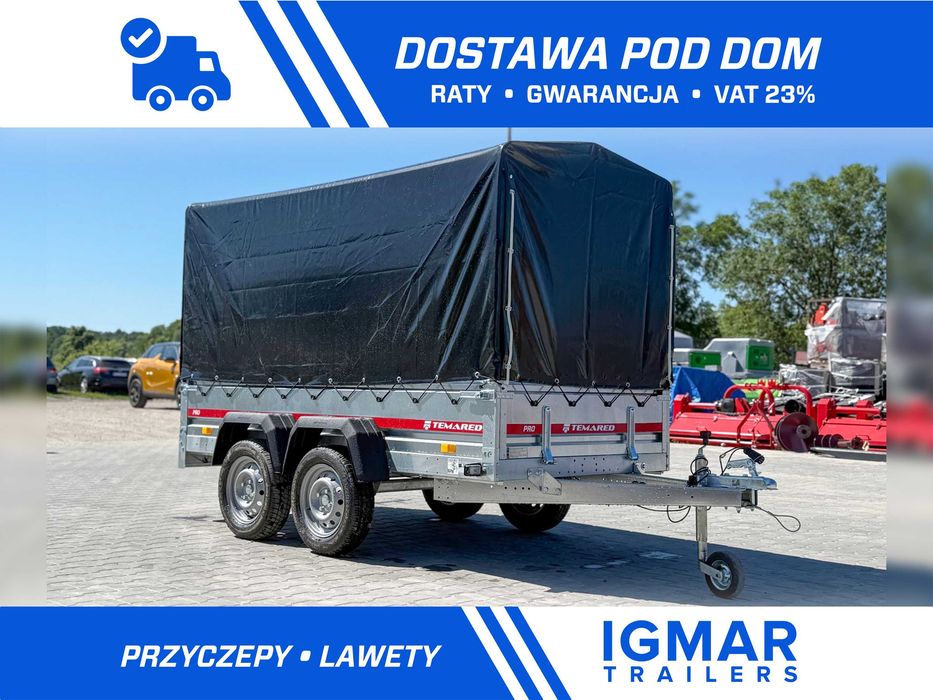 Przyczepka samochodowa TEMARED PRO 2612/2 264 x 126 cm 2 osie plandeka 110 cm czarna DMC 750kg kat B DOSTAWA CAŁY KRAJ | RATY | GOTOWA DO REJESTRACJI