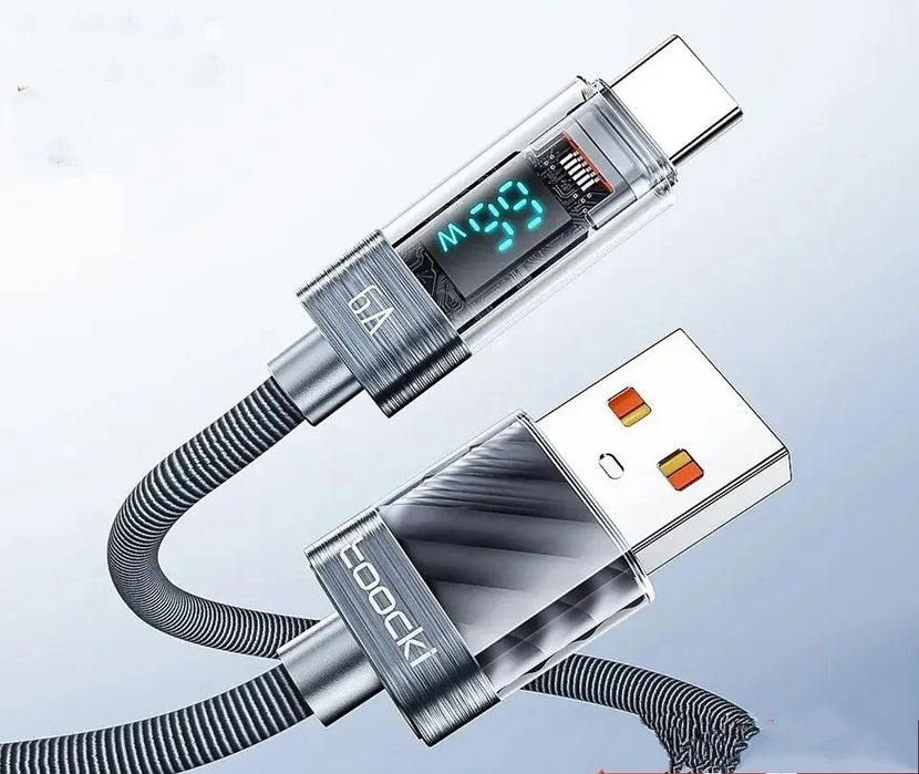 Кабель Toocki USB Type - A to Type-C с экраном 6А, 2 метра, QC 3.0