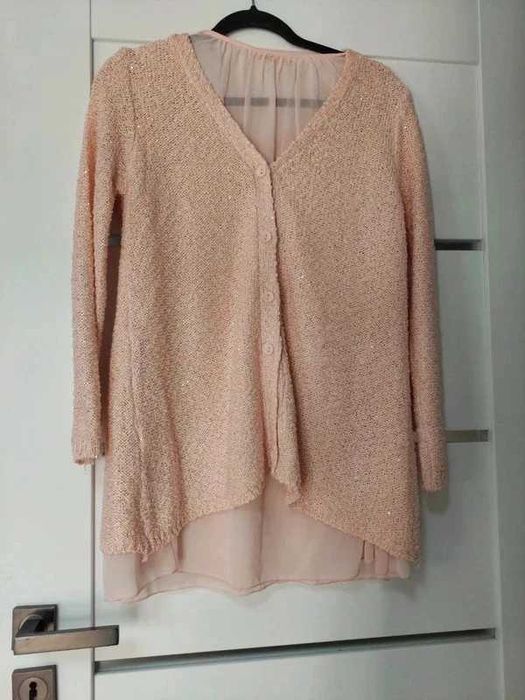 Różowy sweter tunika z cekinami i z tiulem rozm. S/m 36 38