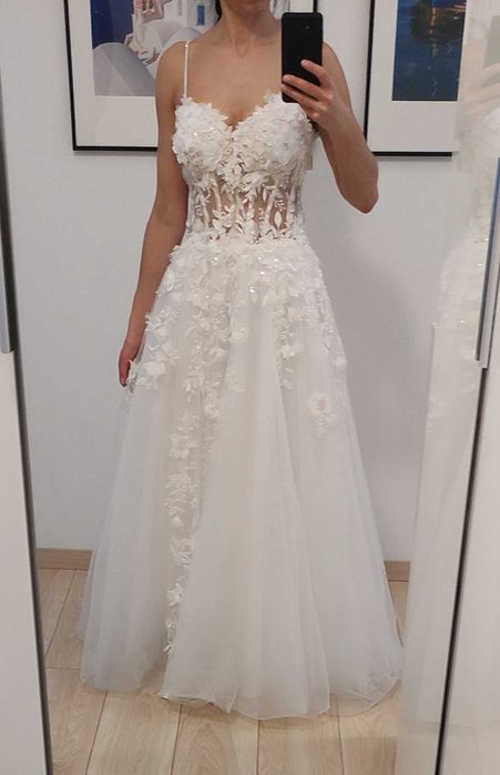 Biała suknia ślubna gorsetowa kwiaty 3D XS-M OKAZJA